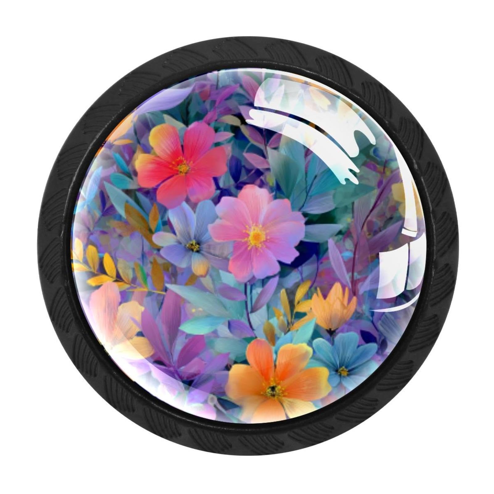 CHENZZZZ 4 Pack Black Colorful Flowers with Leaves (6) Drawer Knobs, Cabinet Knobs Round Glass Knobs for Kitchen Cabinet Hardware Bathroom 35MM