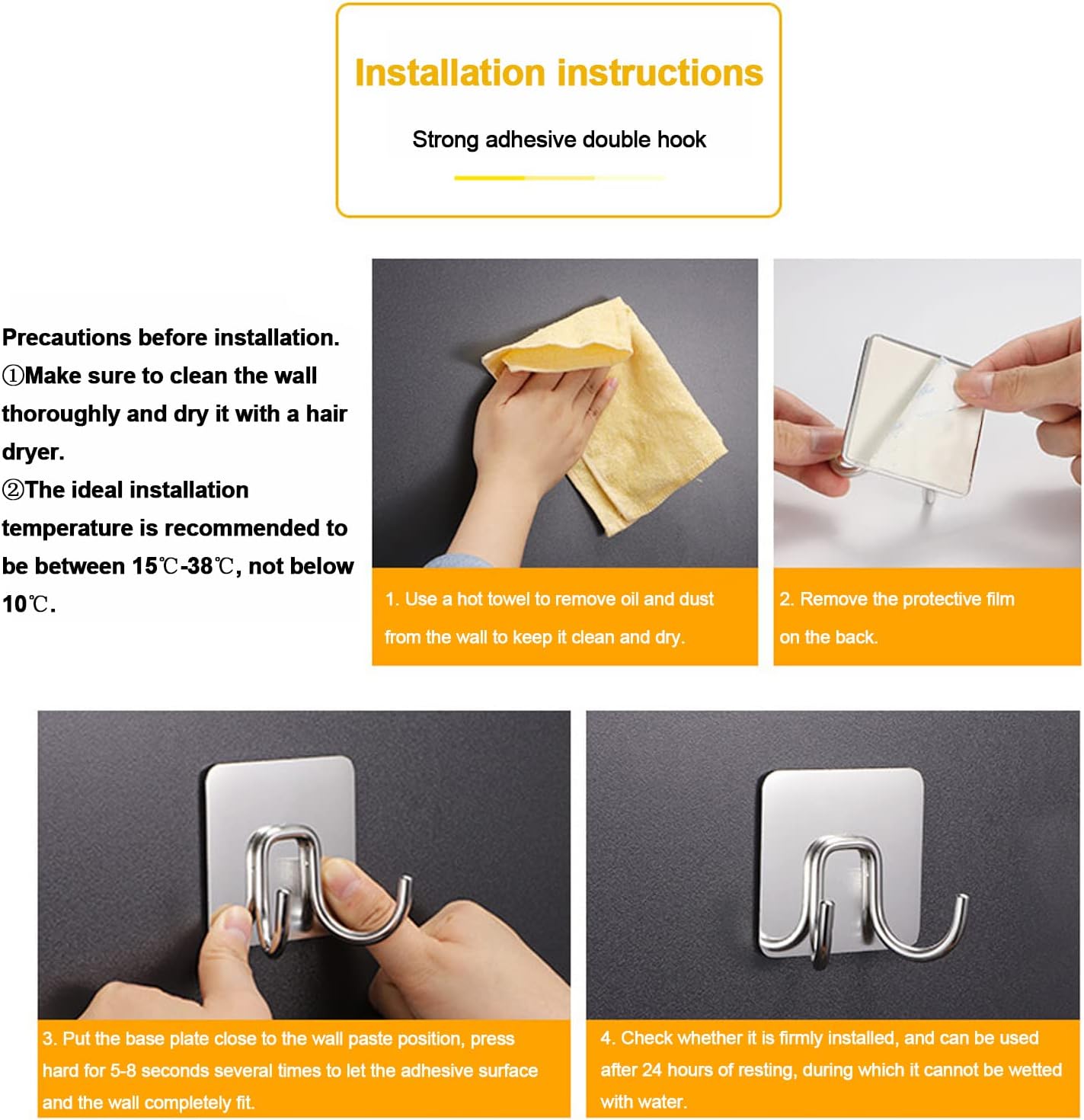 304 Stainless Steel Self Adhesive Hook Brushed Finish Hook Suitable for Keys Hats Towel Coats,3pcs