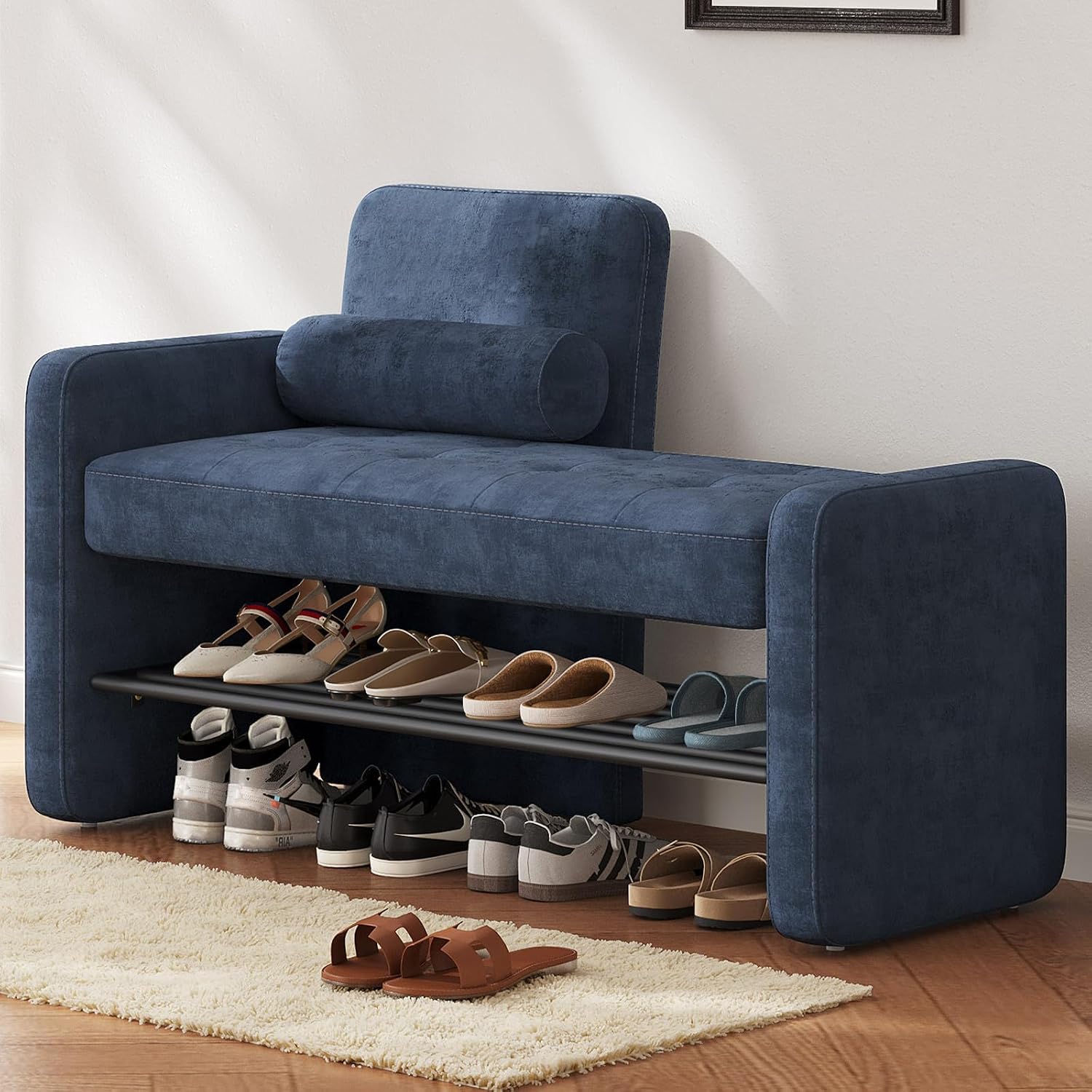 40.94" Entryway Shoe Storage Bench with Backrest, Upholstered Shoe Rack Bench for Entryway, Mid-Century Modern End of Bed Bench for Bedroom, 300 lbs Capacity, Blue