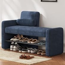 40.94" Entryway Shoe Storage Bench with Backrest, Upholstered Shoe Rack Bench for Entryway, Mid-Century Modern End of Bed Bench for Bedroom, 300 lbs Capacity, Blue