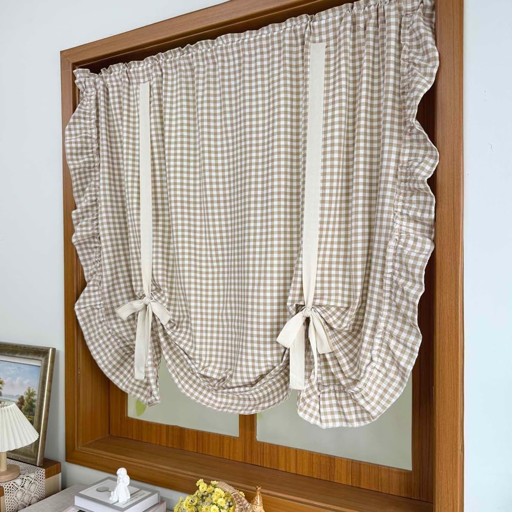 Light Brown Charming Buffalo Check Pattern Sheer Tie Up Balloon Curtain Valance for Kitchen Liftable Ruffled Roman Blind for Small Window Cafe Balcony Rod Pocket 1 Panel (Brown,W59xH55 inch)