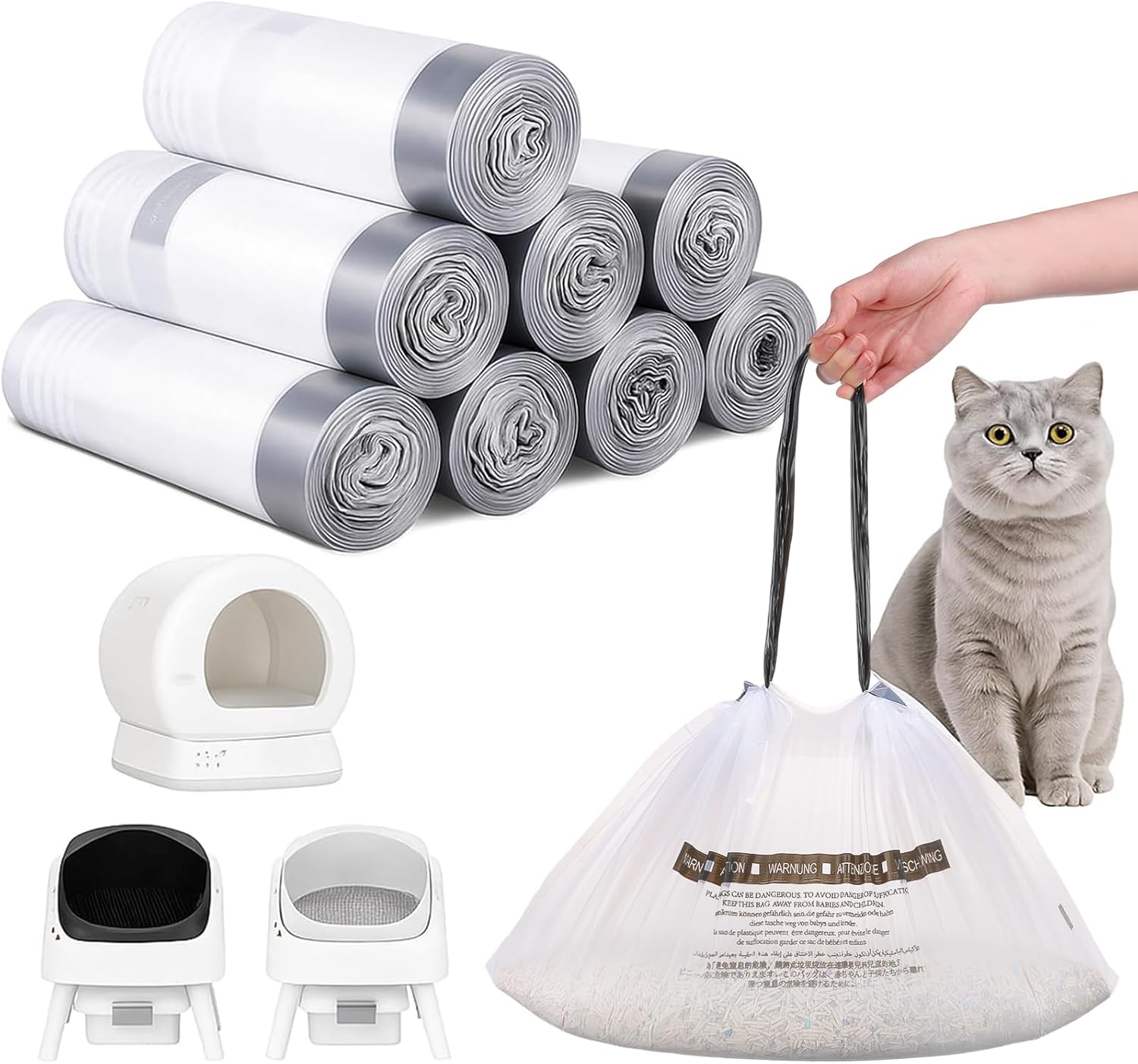 200 Count Cat Litter Box Liners Bags for Self Cleaning Automatic Litter Box 22.5 x 12.2" Drawstring Heavy Duty Pet Receptacles Bags Bulk 1.57 Mil Thick Tear Resistant Leak Proof Waste Liners