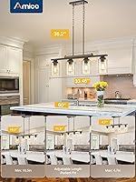 Vista 6 de Amico Dining Room Light Fixture 4-Light Kitchen Island Lighting with Adjustable Rods, Farmhouse Decor Black Metal & Wood Chandelier with Seeded