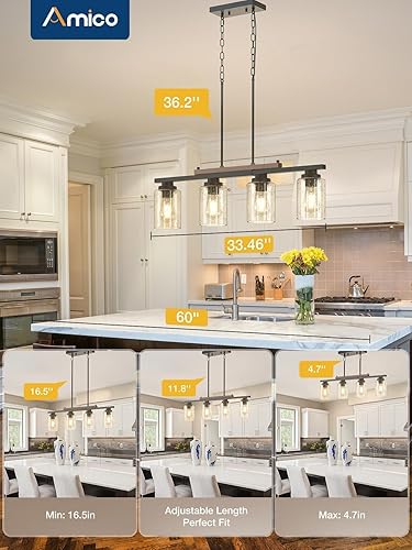 Miniatura 6 de Amico Dining Room Light Fixture 4-Light Kitchen Island Lighting with Adjustable Rods, Farmhouse Decor Black Metal & Wood Chandelier with Seeded