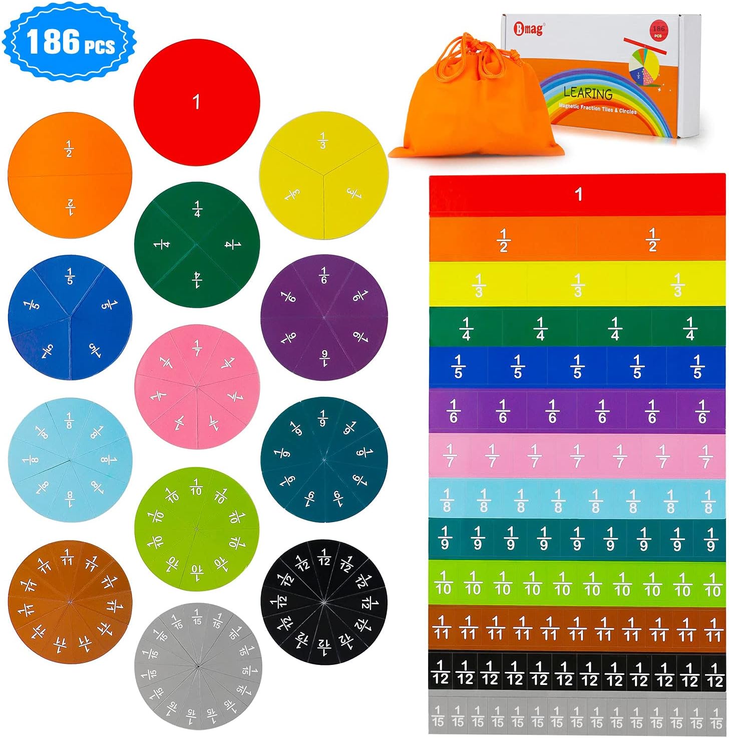 Bmag 186 Pcs Magnetic Fraction Tiles and Circles, Educational Math Manipulatives Learning Games for Elementary School, Fraction Strips & Bars Toys with Bonus Storage Bag