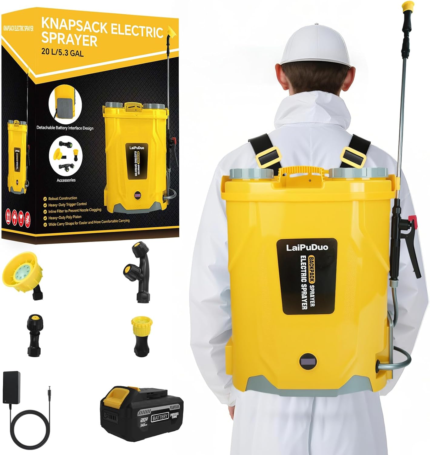 Battery Powered Backpack Sprayer 5.3 Gallon,100 PSI Electric Sprayer Compatible with DeWalt 20V Battery, Spray Ground Backpack with 4 Nozzles, for Lawn and Garden,3.0 Ah Battery & Charger Included