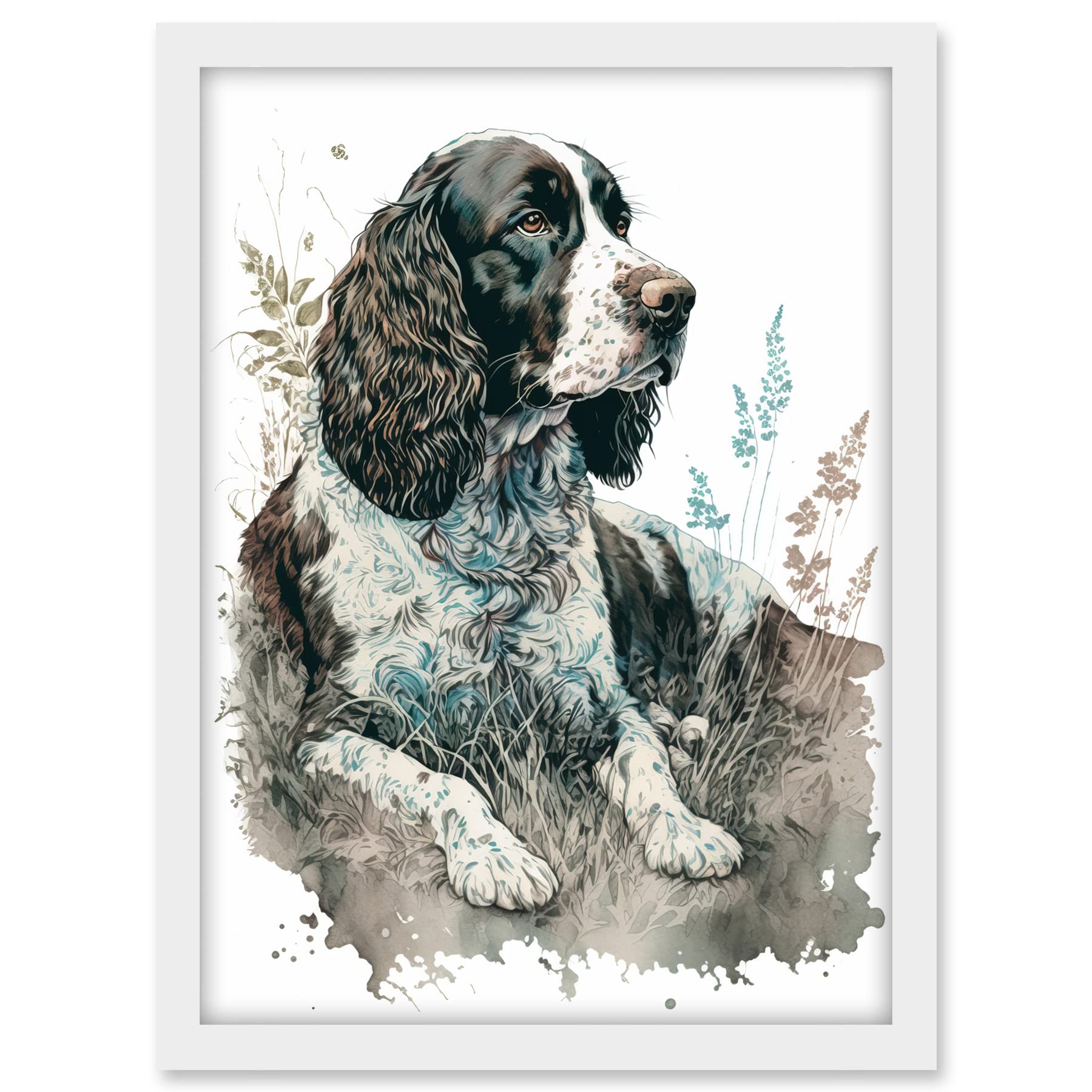 Artery8 English Springer Spaniel Dog Lying in Field Modern Watercolour Illustration Artwork Framed A3 Wall Art Print