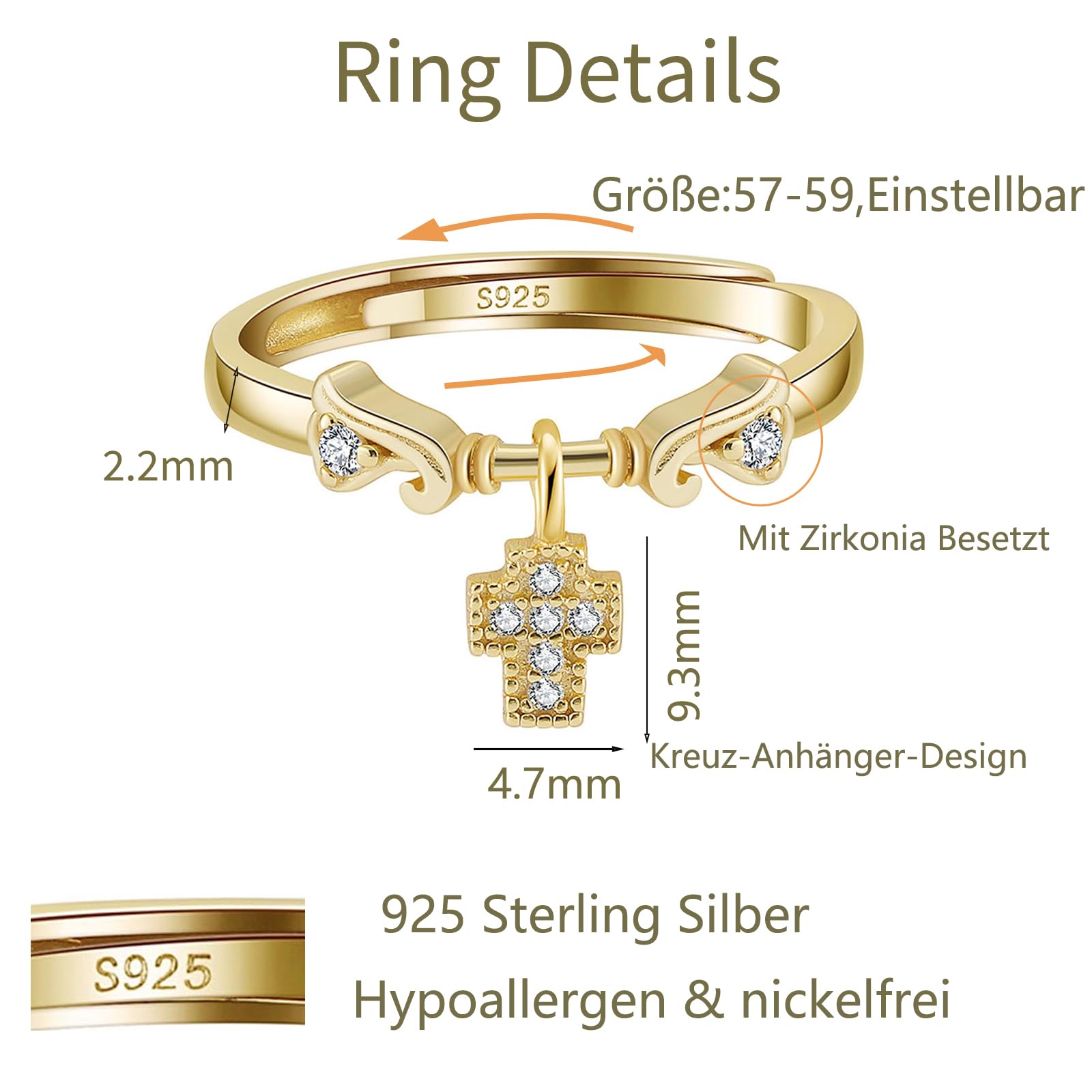 Verstellbare Silberringe Damen 925 – Zirkonia Ring mit Charm Anhänger Schleife/Kleeblatt/Kreuz, Sterling Silber Ring in Gold & Silber