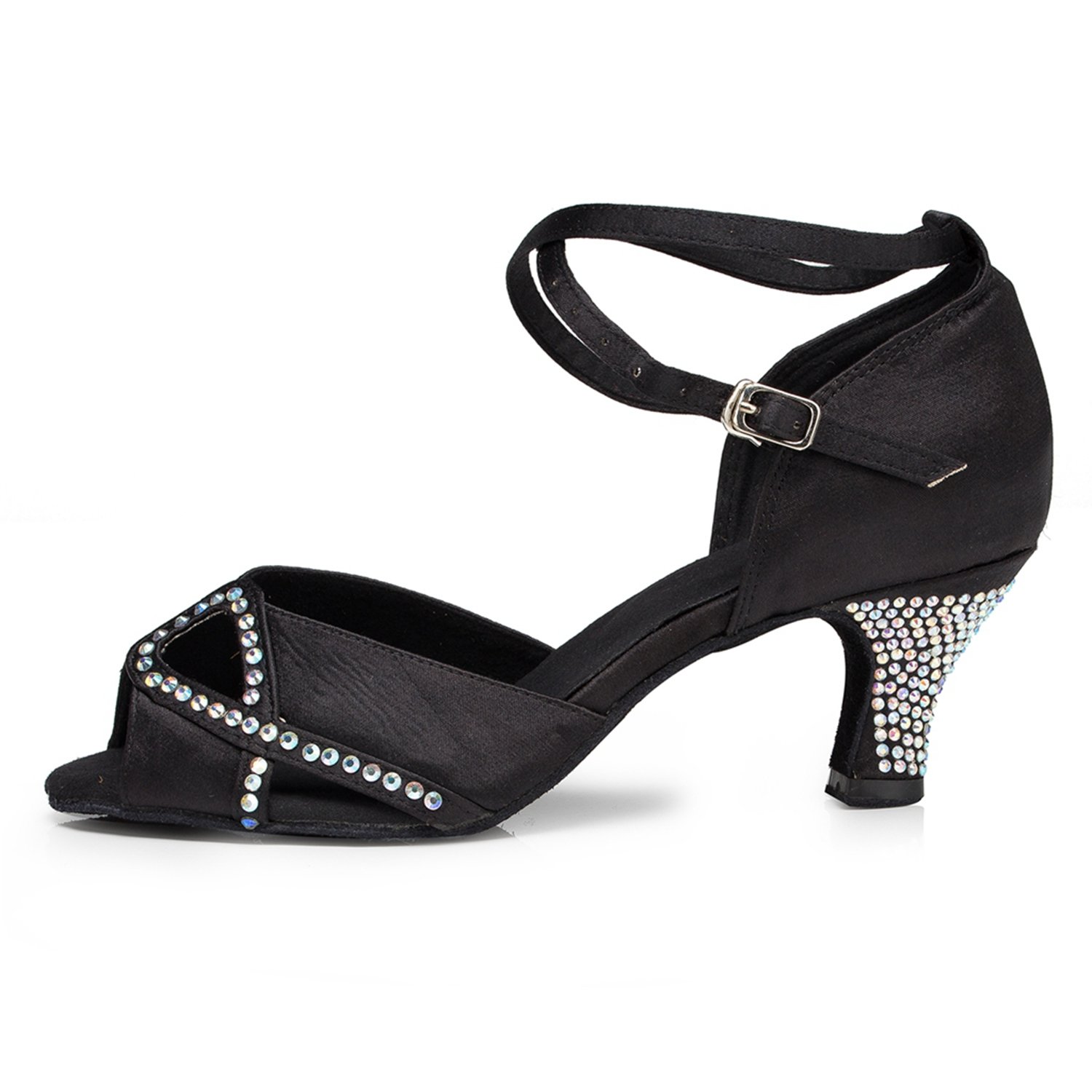 ZengyeZoo Comfortable Dancing Heels for Women Satin Party Wedding Sandals with Rhinestone L158 Black 2.5