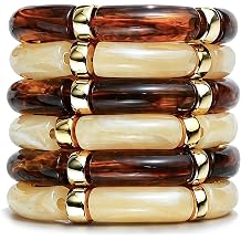 6pcs Chunky Acrylic Bangle Bracelets for Women, Resin Bamboo Brown Stretchy Bracelet Stack, Fashion Jewelry for Women