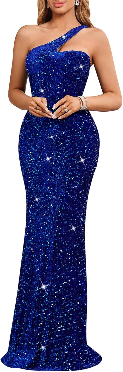Women's One Shoulder Sequin Evening Gown – Formal Maxi Dress for Wedding Guest, Prom, Cocktail