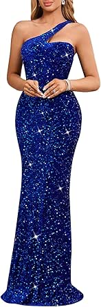 Women's One Shoulder Sequin Evening Gown - Formal Maxi Dress for Wedding Guest, Prom, Cocktail