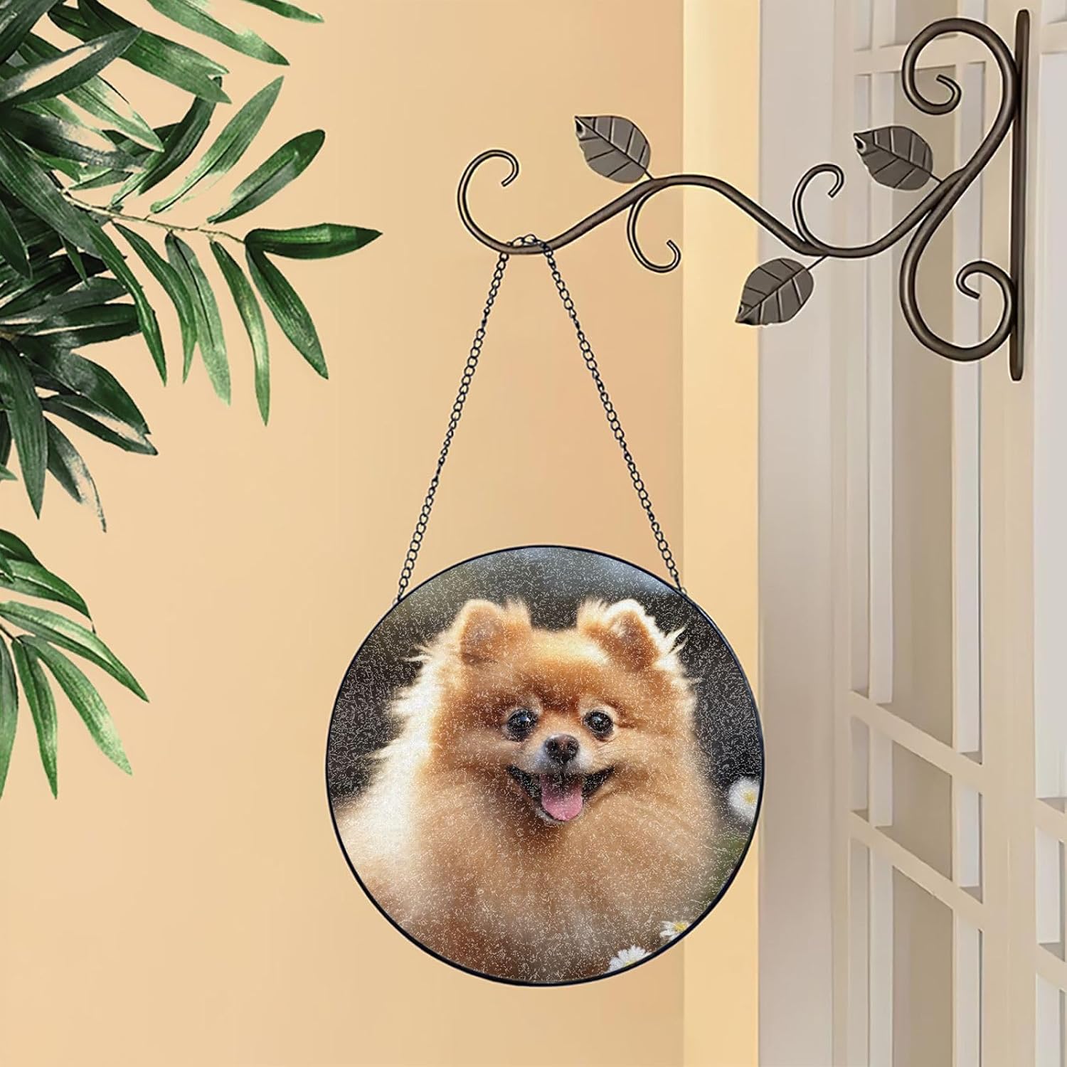 Stained Glass Window Hanging 6in（15cm）, Pomeranian Dog Glass Suncatcher for Home Decor, Indoor Wall Art Glass Panel with Metal Chain and Hooks, Sun Catcher Ornament Birthday Gifts