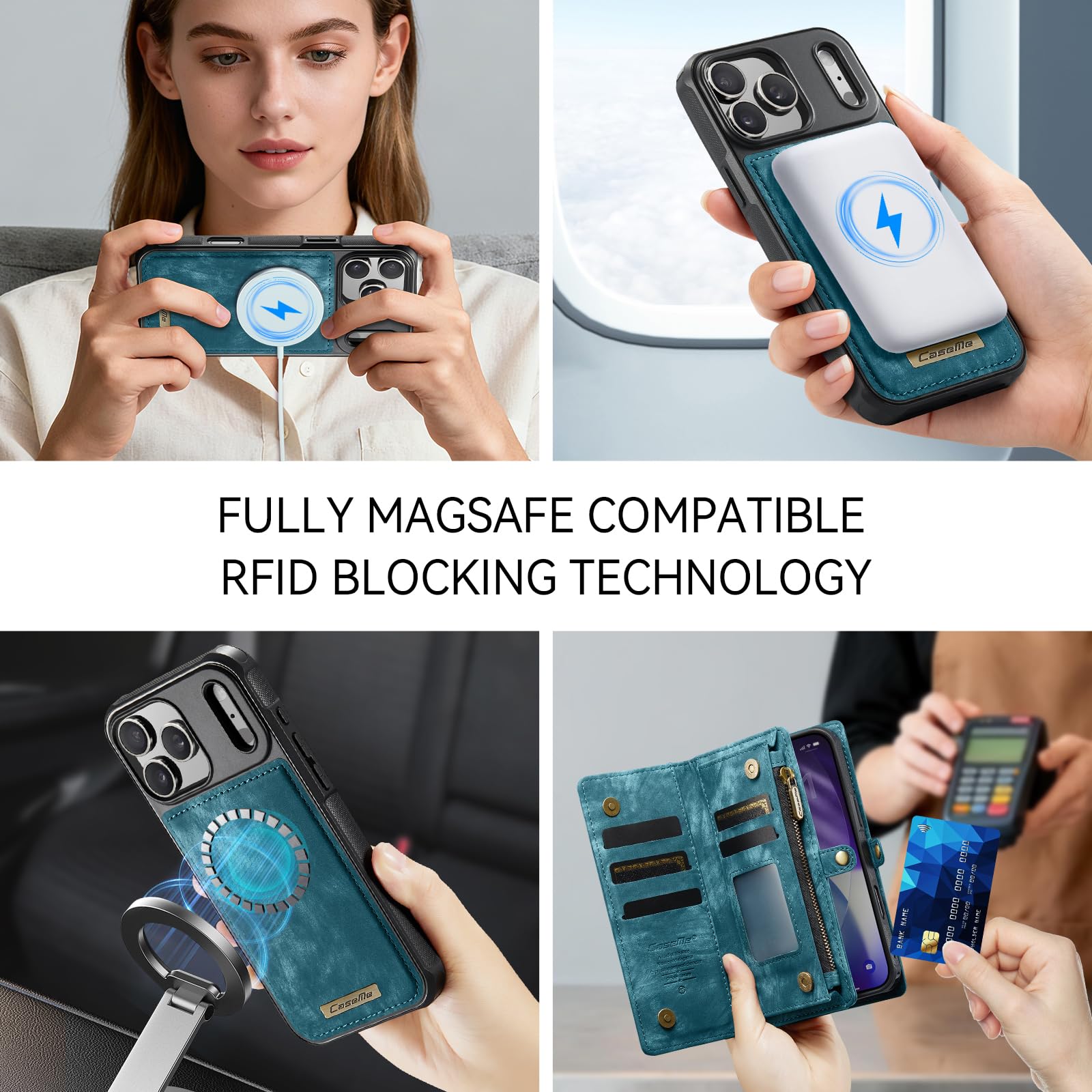 Funda Cartera Magnética Desmontable de Piel para iPhone 17 Pro MAX - Antigolpes y Multifunción con Soporte, Ranuras para Tarjetas, Carga Inalámbrica y Correa Extraíble, Azul