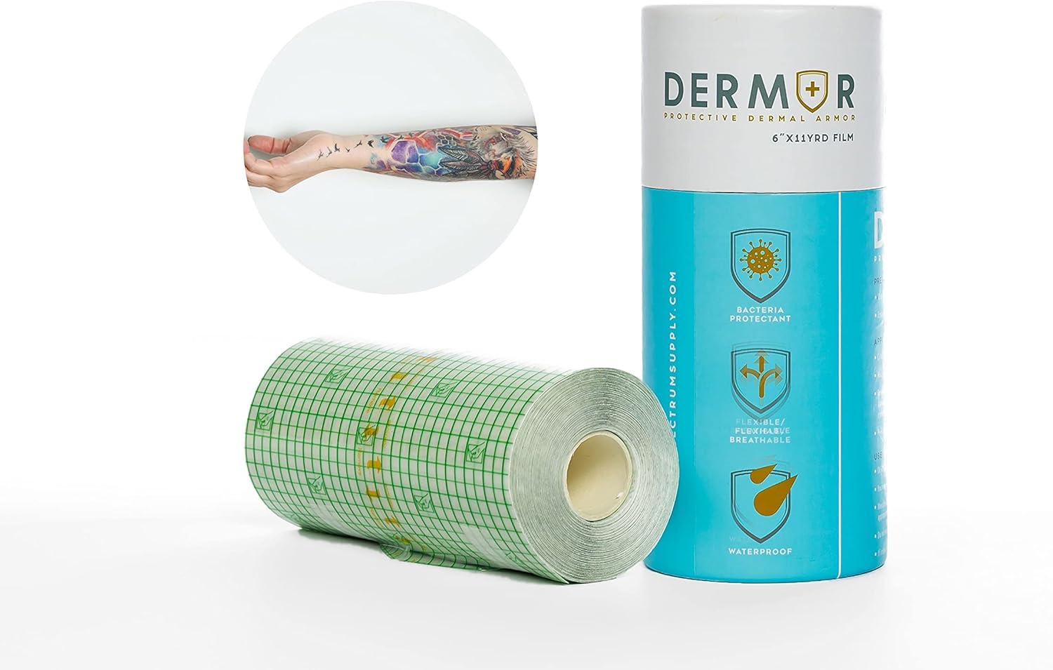 Electrum DERMOR Protective Dermal Armor Tattoo Aftercare Bandage Roll - Waterproof Transparent Film Latex Free Adhesive Bandage / 6 x11 YD, Up to 100 Applications,DERMOR6X11