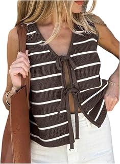 Women's Sleeveless Striped Sweater Vest V Neck Tie Bow Crochet Knit Tank Tops Casual Loose Cardigan