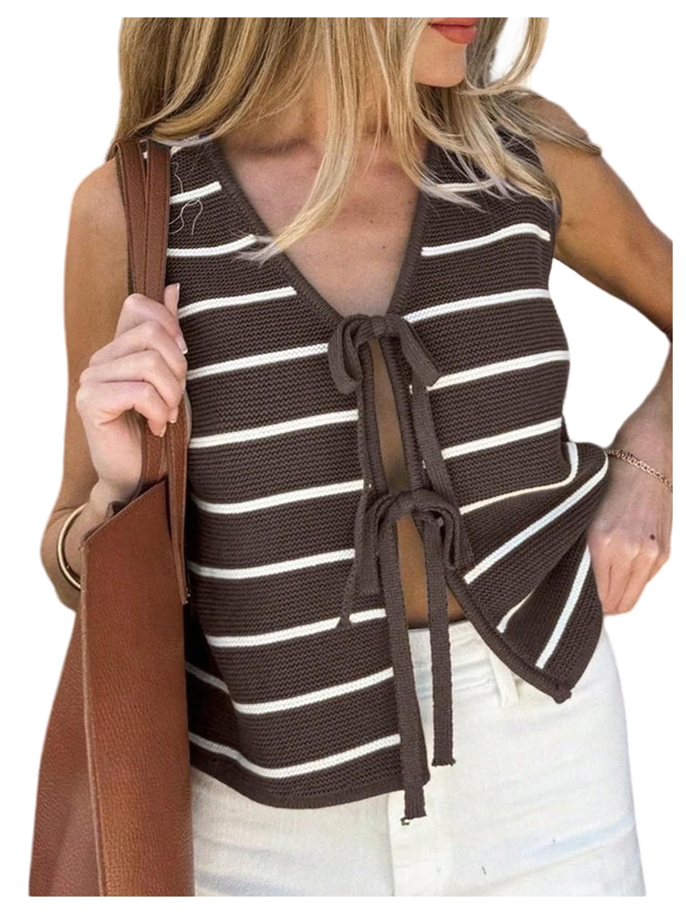 Women's Sleeveless Striped Sweater Vest V Neck Tie Bow Crochet Knit Tank Tops Casual Loose Cardigan, Brown Striped, Small-image-19