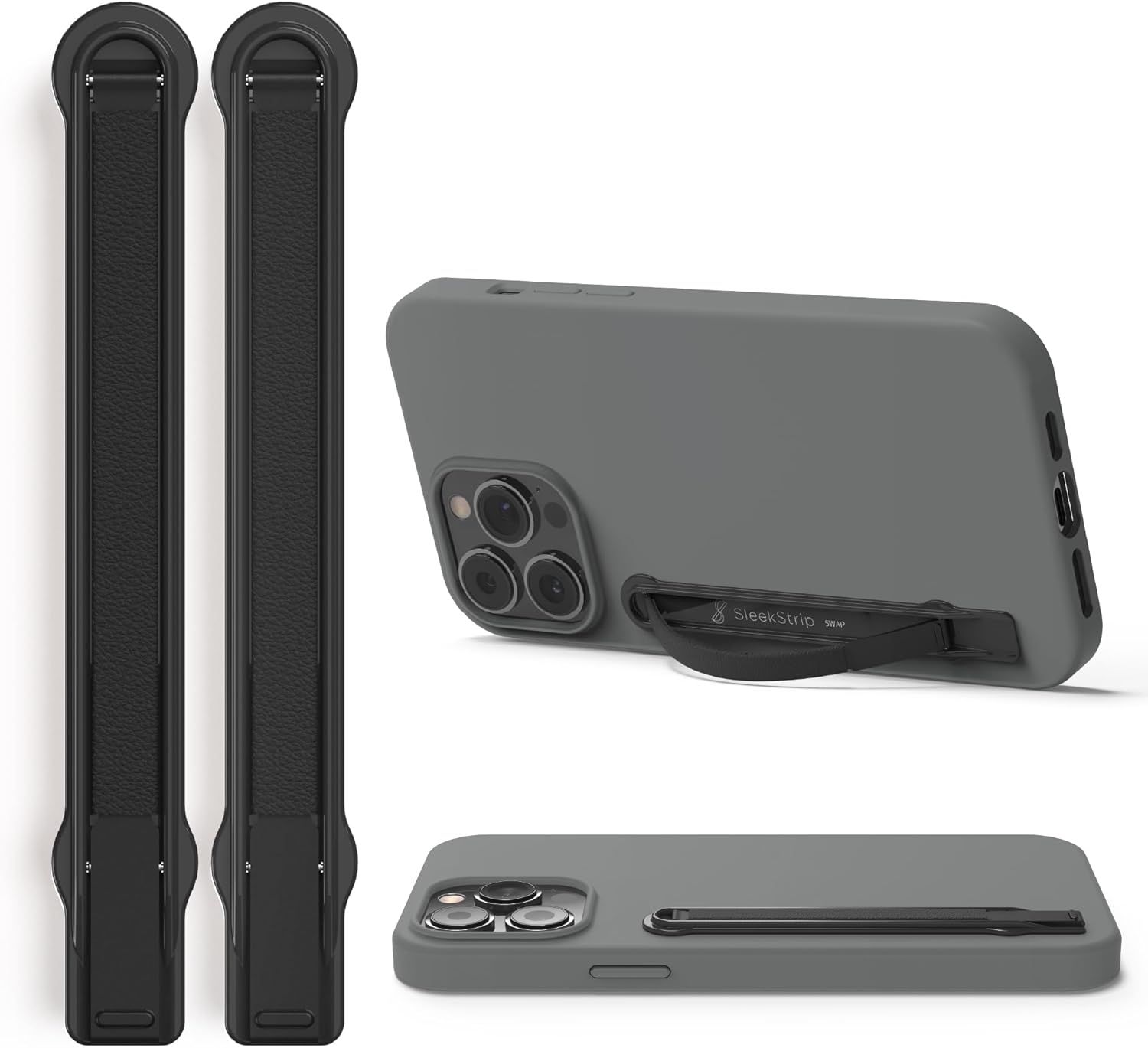 SleekStrip SleekGrip-Premium Ultra Thin Phone Grip Stand,Slim Metal Finger Loop Ring Hand Holder Strap Cell Phone Grips for iPhone 16 Pro Max,17,Android,Case Back - Gunmetal x Black Vegan Leather 2PK