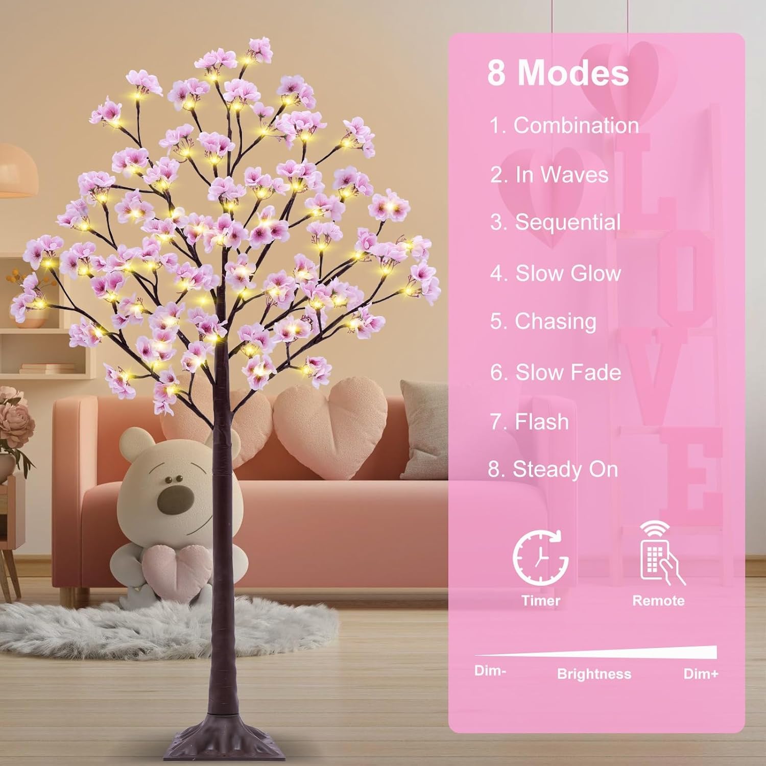 4FT Cherry Blossom Tree with 56 LED Lights, 168 Lush Pink Flowers, Artificial Lighted Cherry Blossom Tree with Remote 8 Modes, Timer for Spring Wedding Party Valentines Indoor Outdoor Decoration
