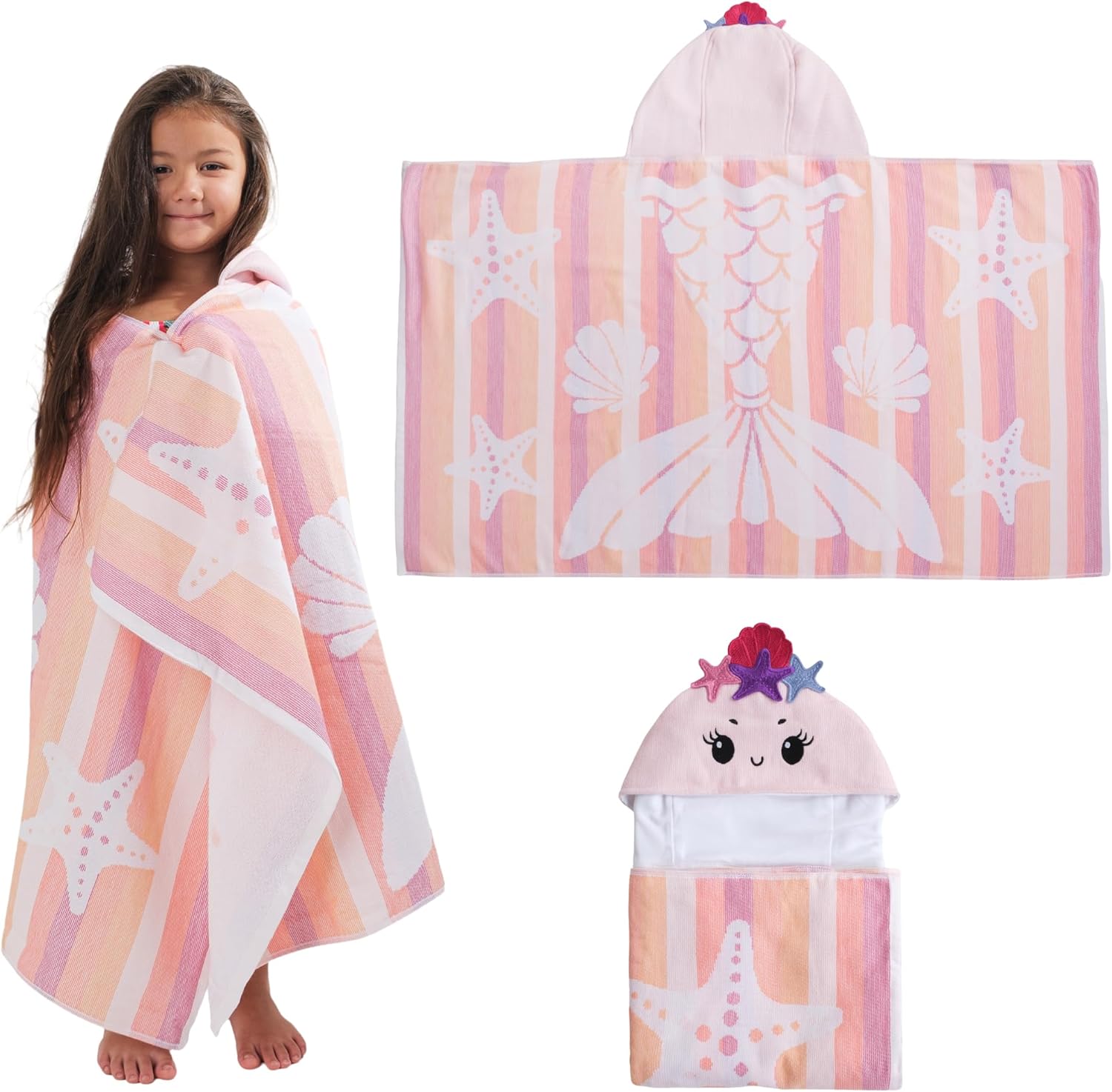 SOFE H&L | Poncho Beach Foutah Hooded Towel for Kids Mermaid | 100% Turkish Cotton, Quick Dry, Lightweight | Organic Toddler Towels for Pool and Beach | Ages 3-10