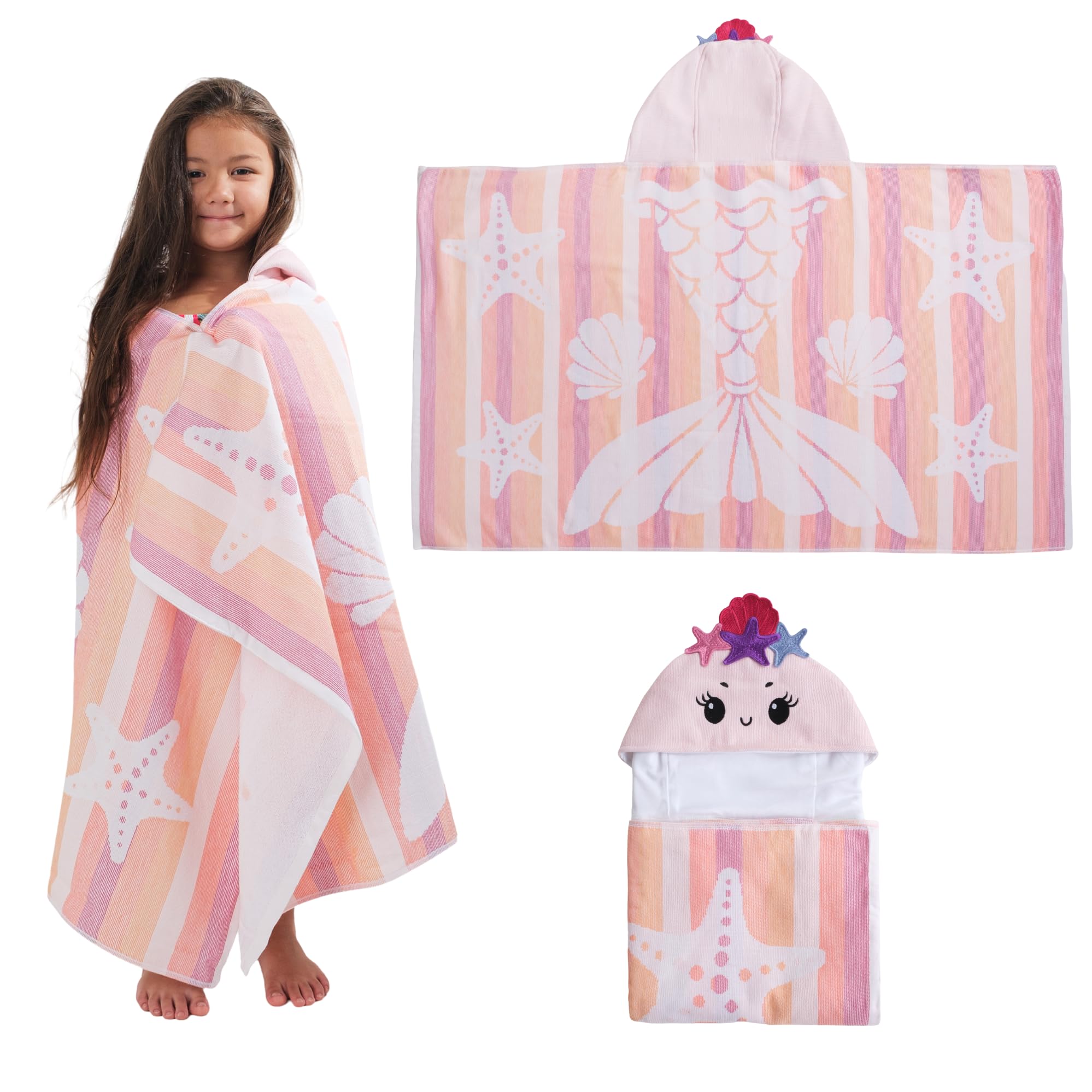 SOFE H&L | Poncho Beach Foutah Hooded Towel for Kids Mermaid | 100% Turkish Cotton, Quick Dry, Lightweight | Organic Toddler Towels for Pool and Beach