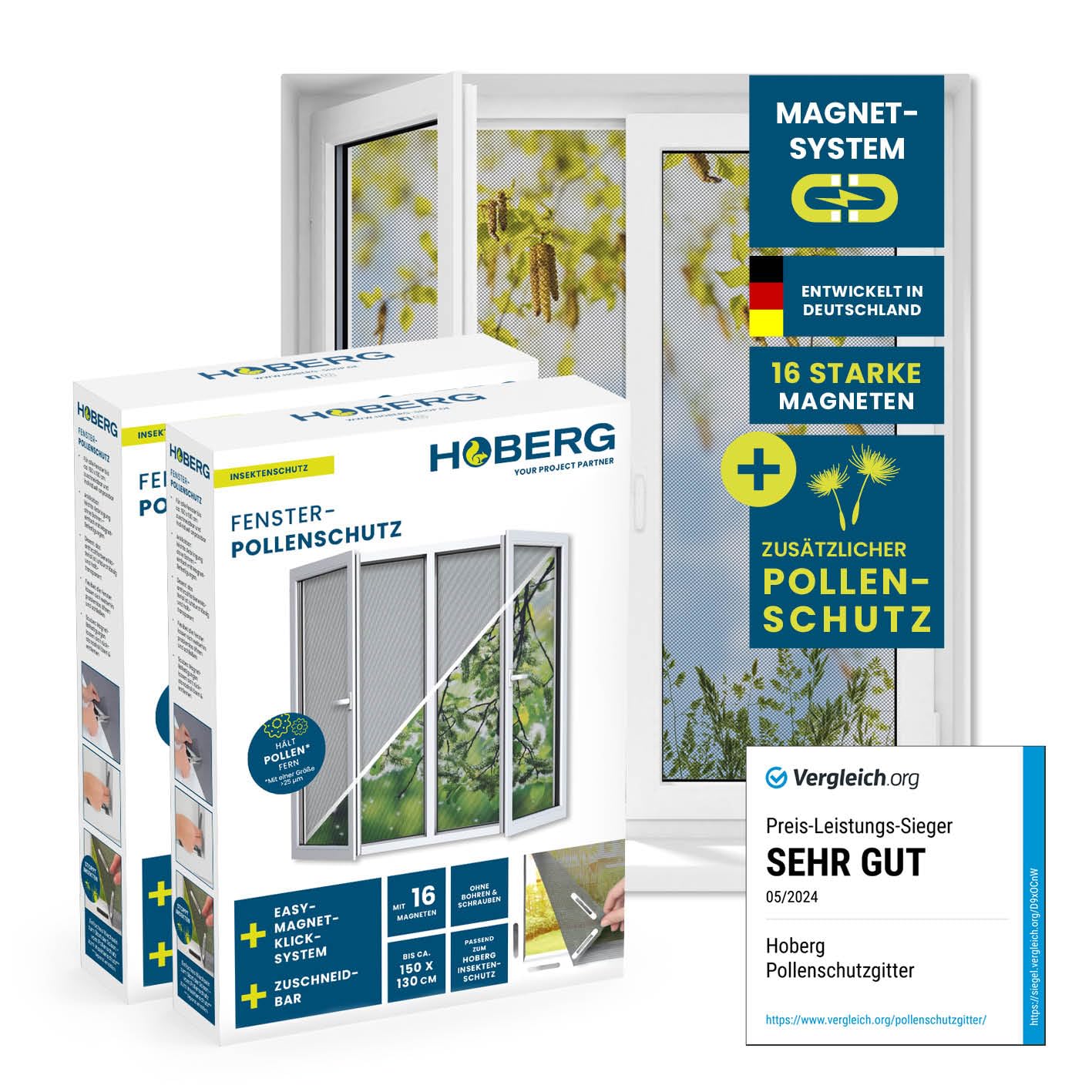 Hoberg Fliegengitter für Fenster mit Pollenschutz | Moskitonetz zuschneidbar bis 150x130 cm | Einfache Montage mit 16 starken Magneten - Insektenschutz ohne Bohren, Schrauben & Klebereste [2 Stück]