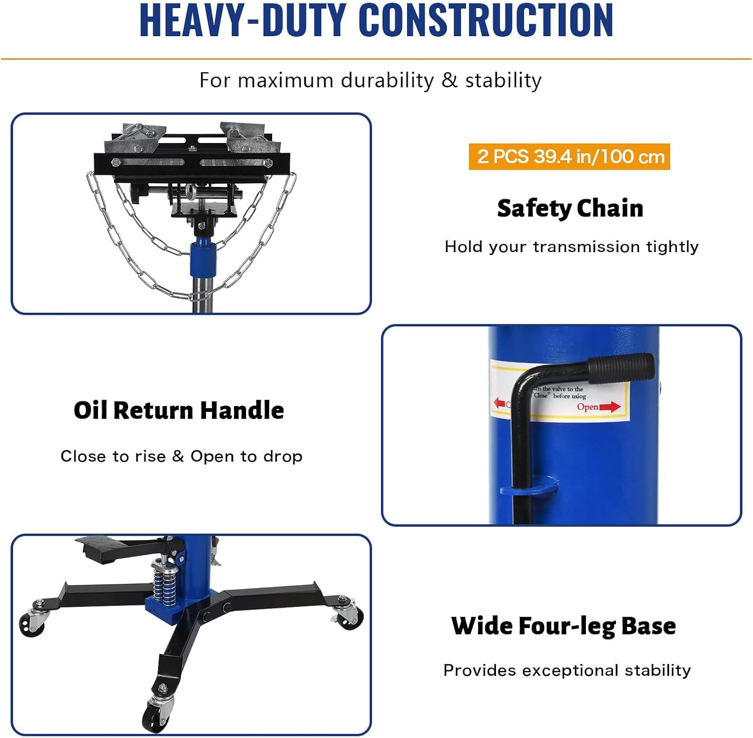 Heavy Duty Hydraulic Transmission Jack, 1322 lbs Capacity with 2-Stage Telescoping Lift, Adjustable Height & Foot Pedal, 360° Swivel Wheels for Garage/Shop, Blue