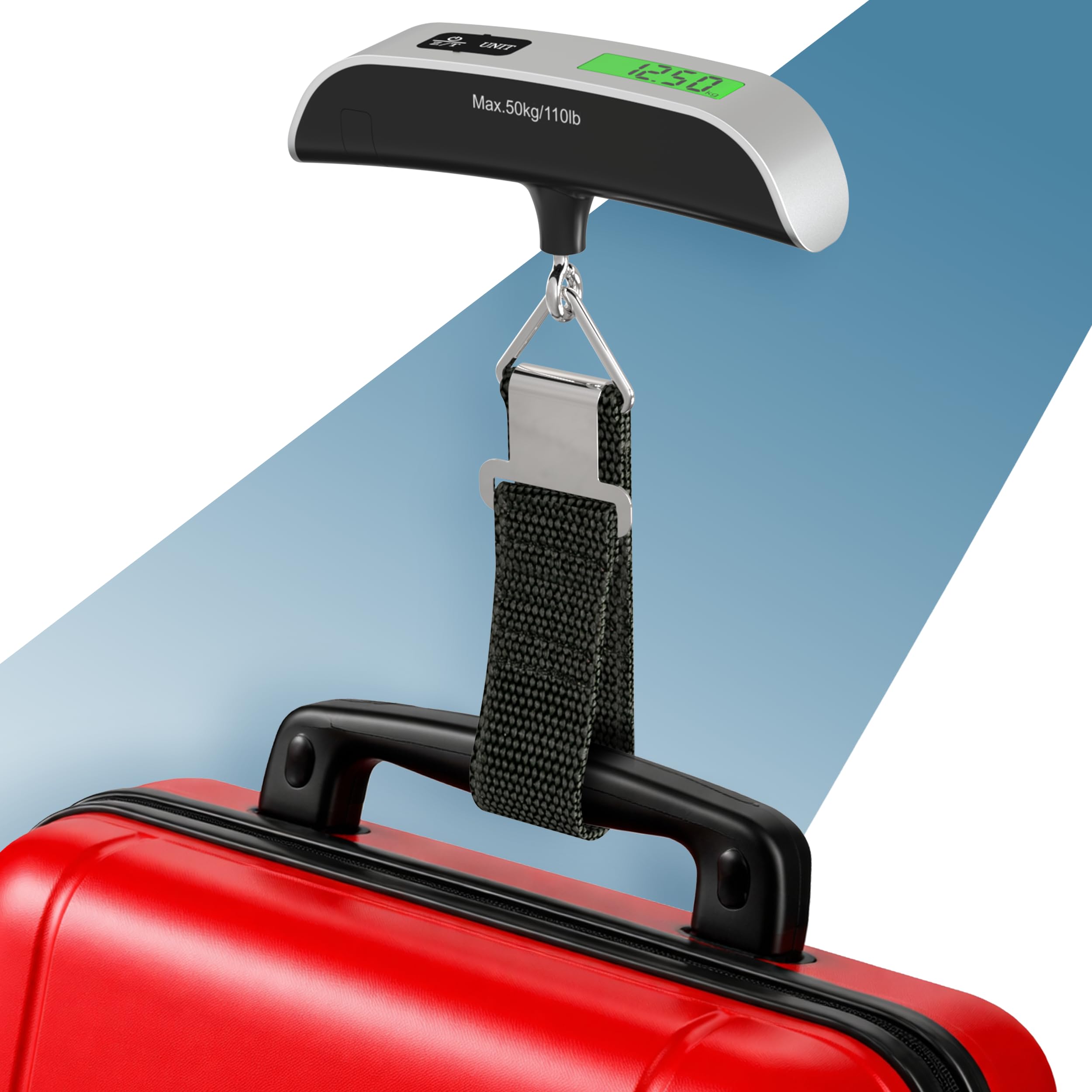 PORTENTUM Bascula maletas viaje digital con pantalla LCD – hasta 50 kg – Bloqueo de lectura automático – Peso maleta preciso para viajar – Escala de equipaje portátil con indicador de temperatura