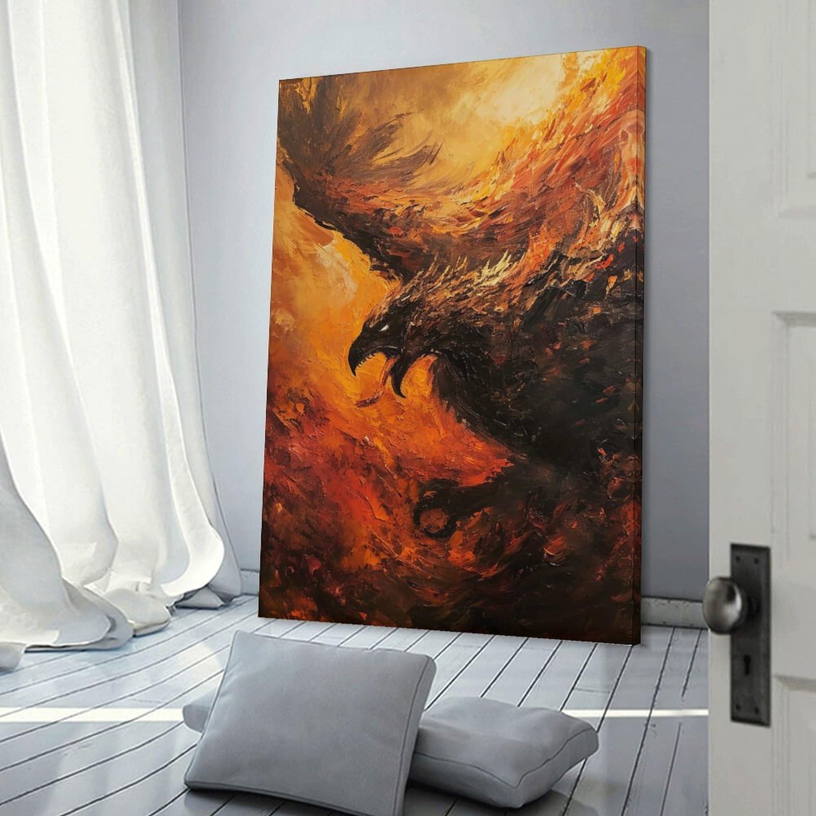 Junmoney Frame-Style-1 Phoenix Rising Oil Painting Canvas Wall Decor, 12X18inch(30X45cm), For Wall Displays, Bedrooms Or Room Updates, Wall Decor Suited To Curated Displays