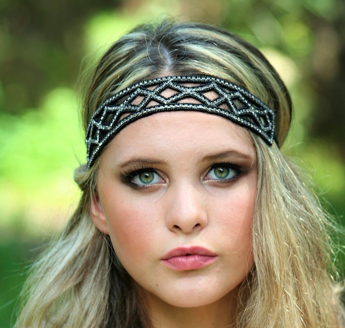 NWT 1920s Beaded Rhinestone Headband Flapper Gatsby Womens Fashion Headband, Beautiful Black Stone Gatsby  main image 3