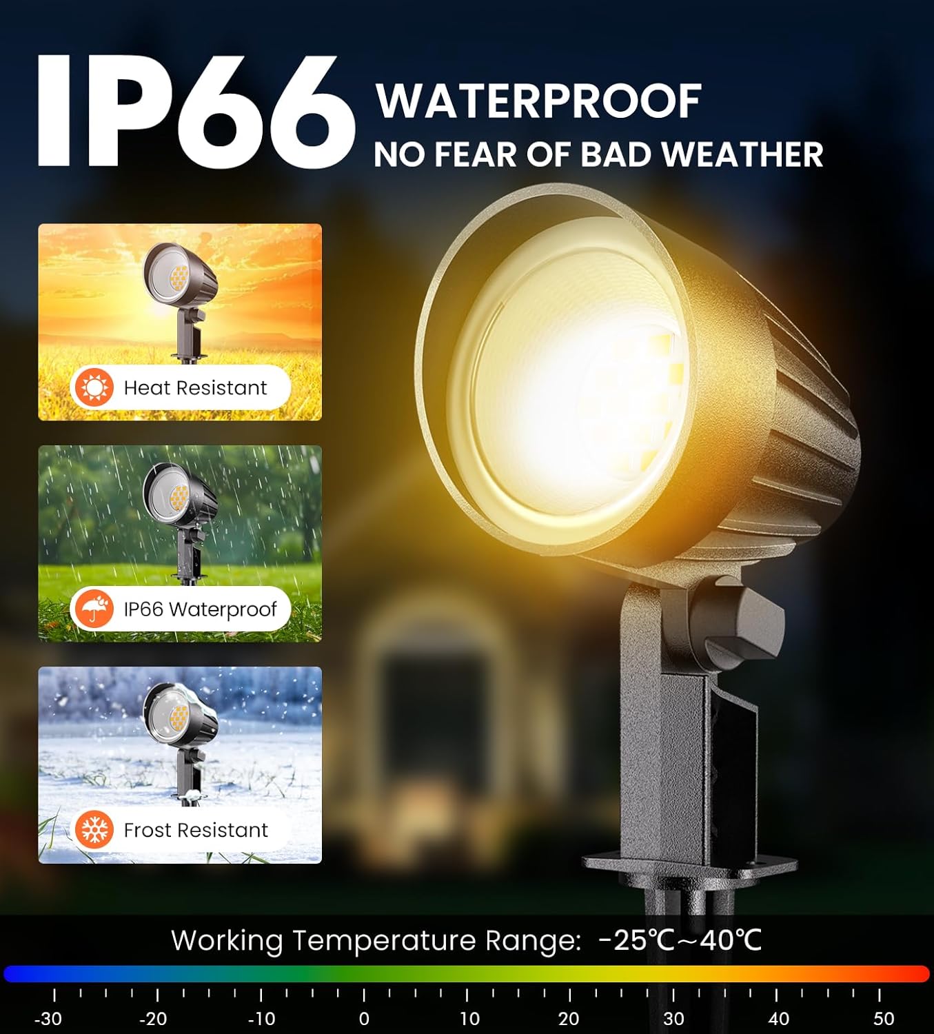 MEIKEE landscape light demonstrating IP66 waterproof, heat resistant, and frost resistant features, with a working temperature range of -25°C to 40°C.