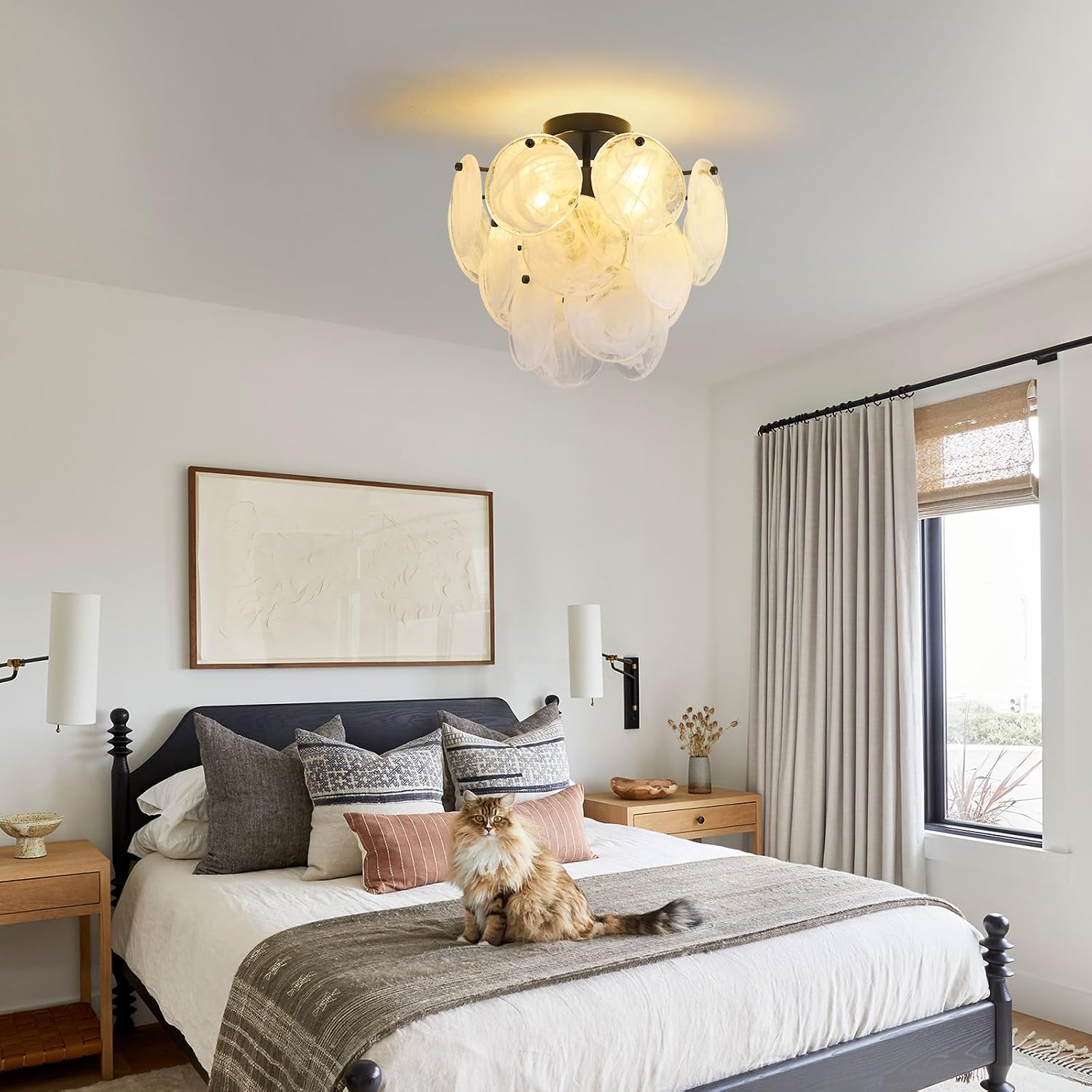 Moderns Glass Ceiling Light Fixture, 13.78" Semi Flush Mount Round Black Ceiling Light with Cloud Glass Shade, 4-Light Hallway Lighting for Bedroom, Dining Room, Bathroom and Foyer G9 Base