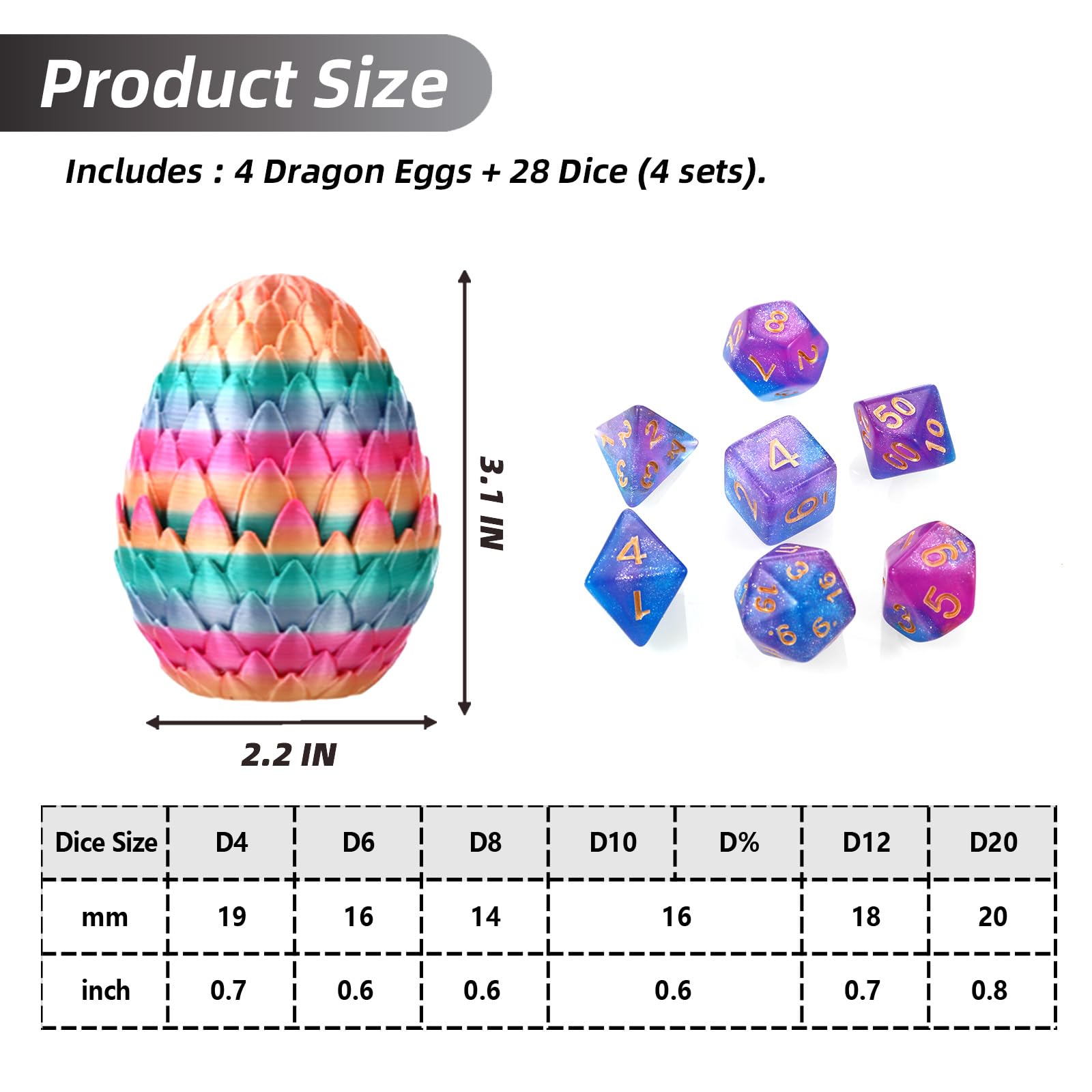 4pcs DND Dice Set (28 Pieces) and 3D Printed Egg,Fidget Toys,Surprise Egg and Polyhedral Dice Set with Gift Box,Playing Game with Dragon Eggs for RPG DND MTG