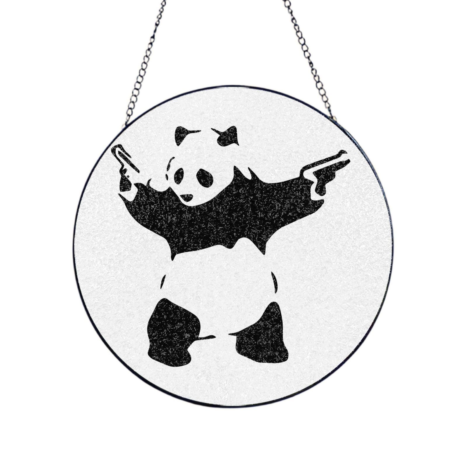 Phayah Panda With Print Glass Window Hanging Round Suncatcher Glass Ornament Garden Wall Fence Decorations Indoor Outdoor 8in（20cm）