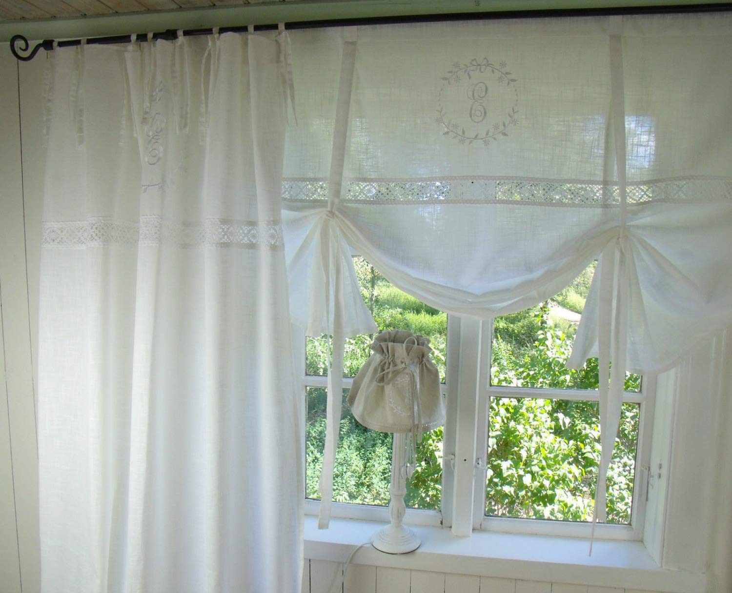 WEIß Raff Gardine Crystal 180x120 cm BxL(H) Bestickt Spitze Scheibengardine Shabby Vintage Landhaus
