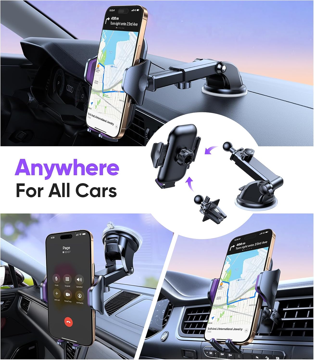 Stable Car Phone Holder [Upgraded Strongest Suction, Won't Break] | Military-Grade Cellphone Mount for Dash/Windshield/Vent/Truck/Boat,Universal for Big iPhone&Android with Thick Cases, Purple thumbnail