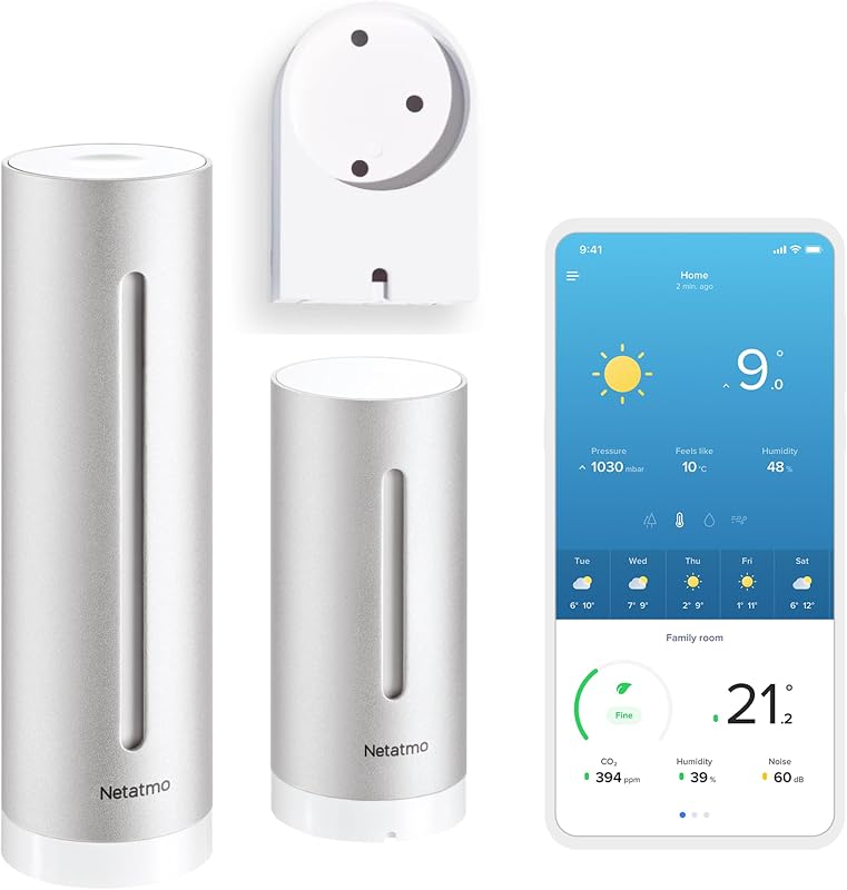 Netatmo Estación Meteorológica Inteligente con Soporte de Pared - WiFi, Radio, Sensor Interior y Exterior, Previsión del Tiempo, Higrómetro, Calidad del Aire, Compatible con Amazon Alexa, Apple HomeKit y Google Home, NWS-AMZ