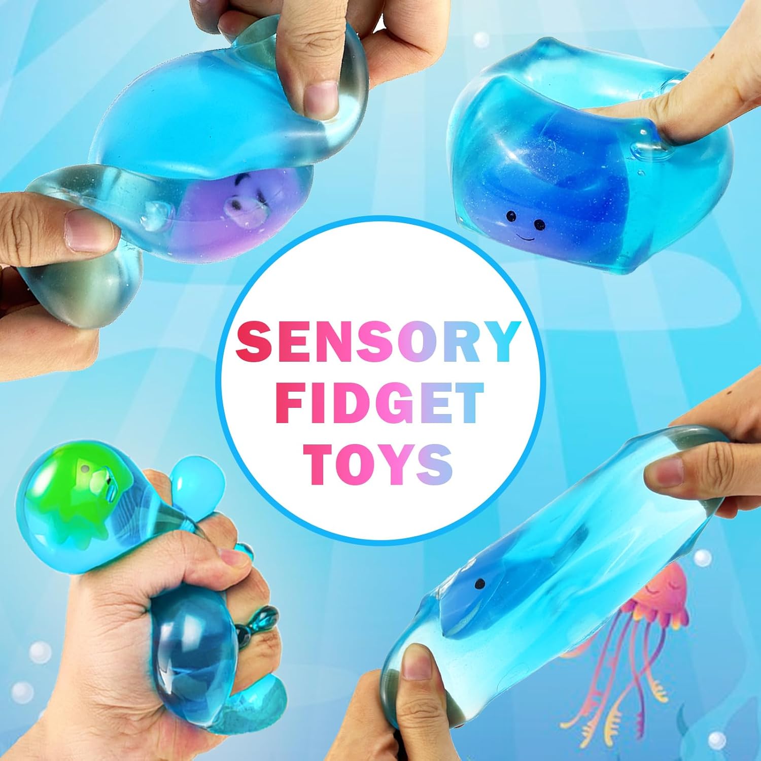 4 Pcs Blue Squeeze Cube with Luminous Marine Life Inside，Squishy Stress Fidget Gummy Toys ，Glow in The Dark Sea Animal Maltose Sensory Toy for Kids Autism , Stress Balls for Anxiety Stress Relief