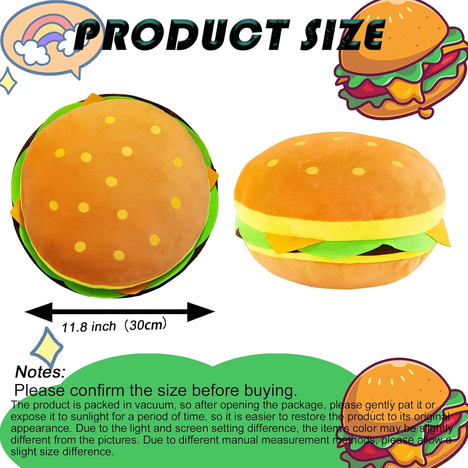 Hamburger Pillow Cheeseburger Plush Stuffed Food Decor Toys Gifts for Kids 11.8" - Image 2