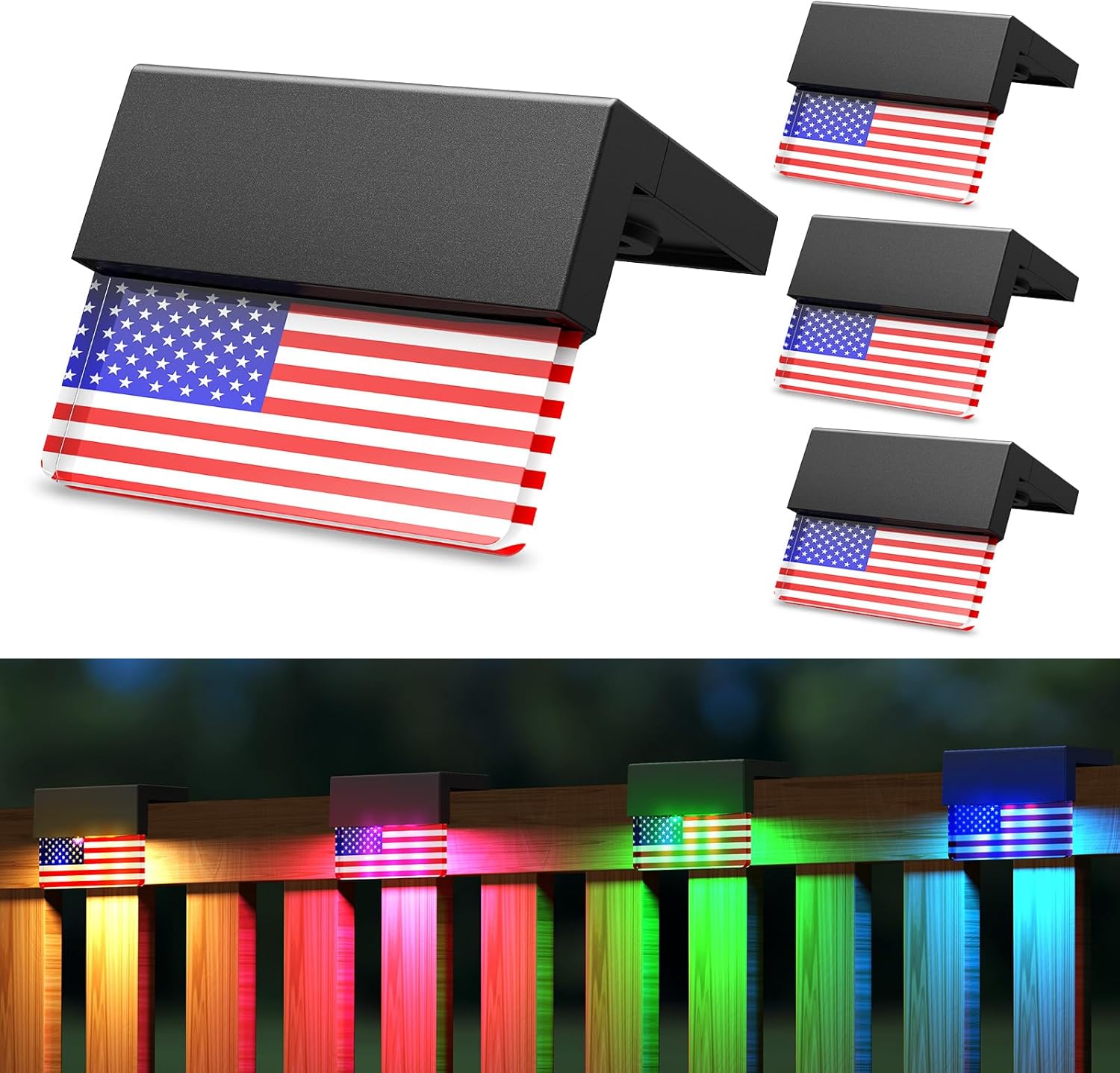 American Flag Decorations Solar Fence Lights, 6 Pack UAS Flag Solar Lights Outdoor for Fence with RGB & Warm White Mode, Waterproof Deck Fence Lights Solar Powered for Patriotic Decor