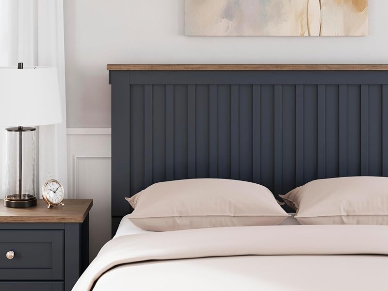 Signature Design by Ashley Wood Headboard Only, Blue Queen, Landocken | Slatted Shaker design, Two-tone slate blue and light brown, Mindi wood veneer top, Bed frame mount design, Cottage style