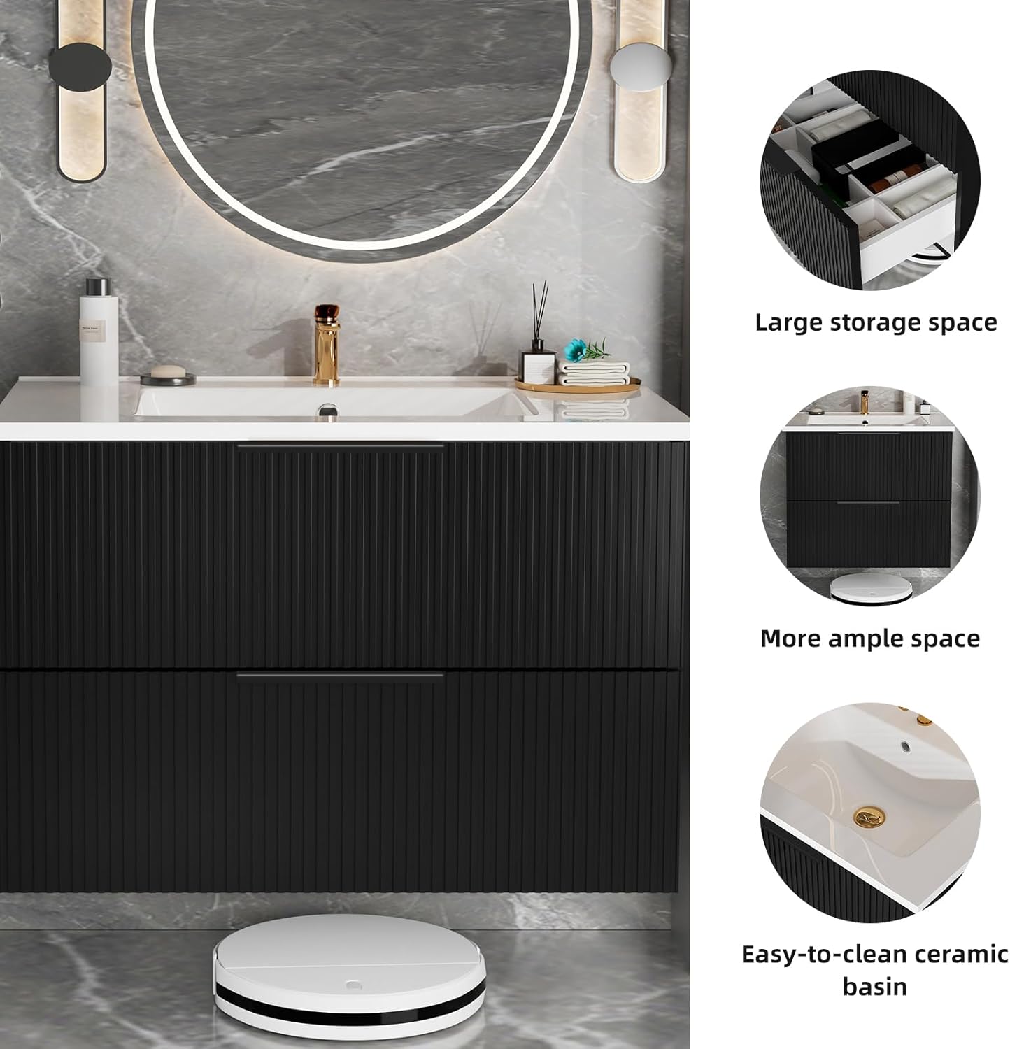 36'' Floating Vanity with Sink Combo, Modern Wall-Mounted Curved Edges Striped Bathroom Storage Cabinet with 2 Soft-Close Drawers,No Faucet, Black