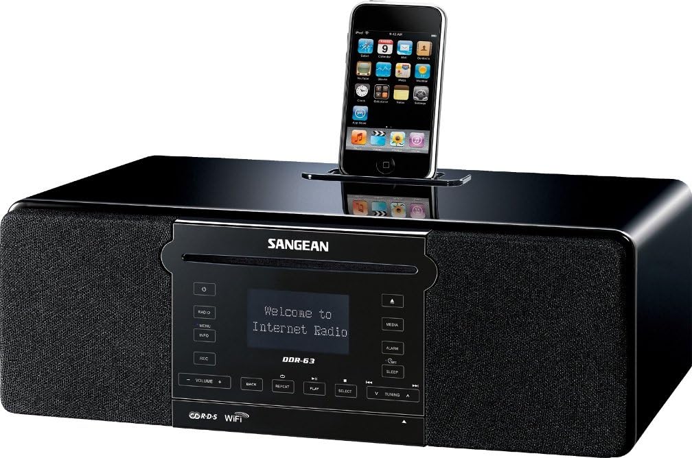 Sangean DDR-63 WiFi Internet Radio/FM-RBDS/Aux-in/CD/USB/SD All-in-One Tabletop Wooden Cabinet Musical System Compatible with iPod, Black, WiFi Internet Radio (over 15,000 Stations worldwide)/FM-RBDS : Electronics