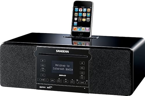 Sangean Radio de Internet WiFi DDR-63/FM-RBDS/Aux-in/CD/USB/SD Sistema musical de gabinete de madera todo en uno compatible con iPod, negro, radio