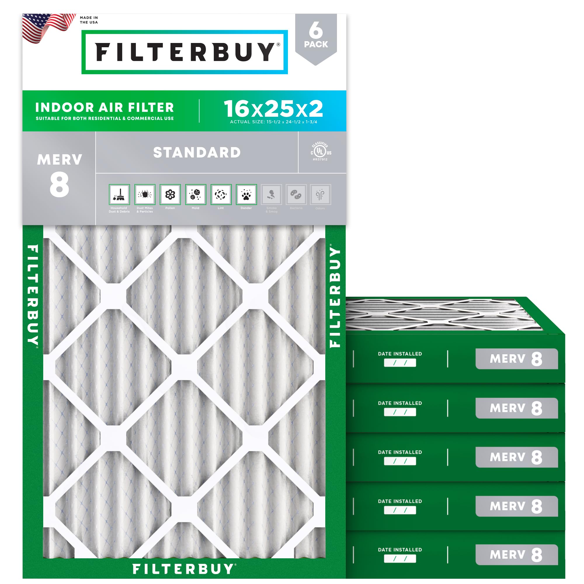 Filterbuy 16x25x2 MERV 8 Air Filter 6-Pack
