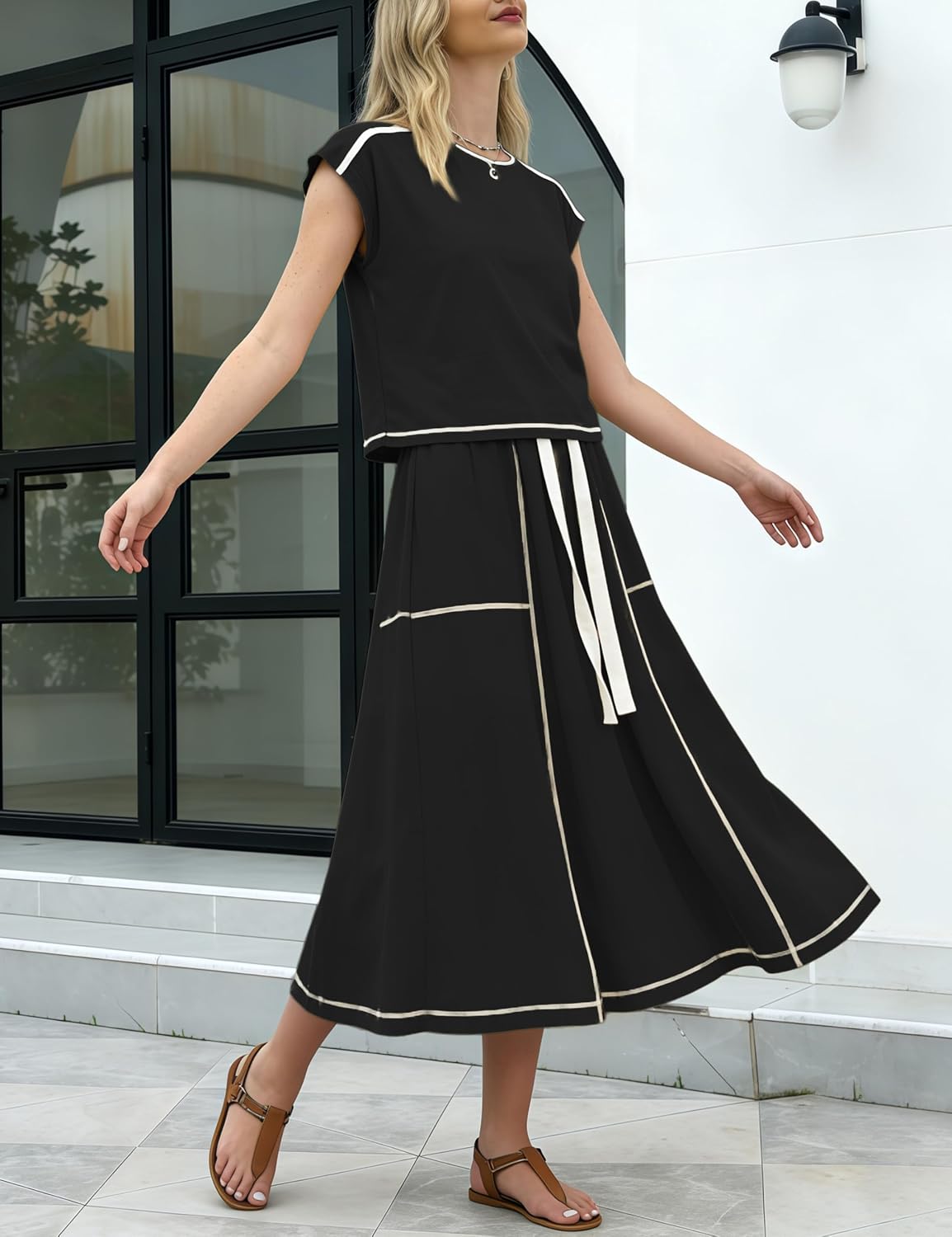 Womens 2 Piece Skirt Set Cap Sleeve Midi Skirt Resort Outfit
