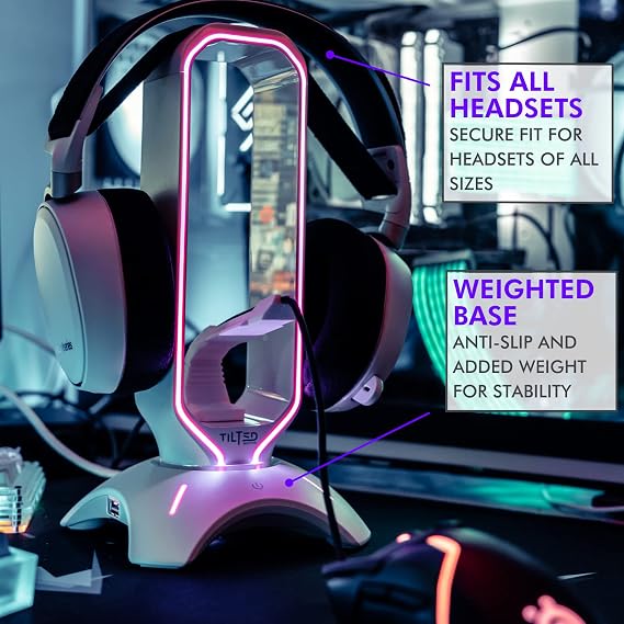 Tilted Nation RGB Headset Stand - 3 in 1 Gaming Headphone Stand for Desk with Mouse Bungee and 2 Port USB 3.0 Hub Charger - The Ultimate Gaming Accessory and Gift for Gamer - RGB Headset Holder