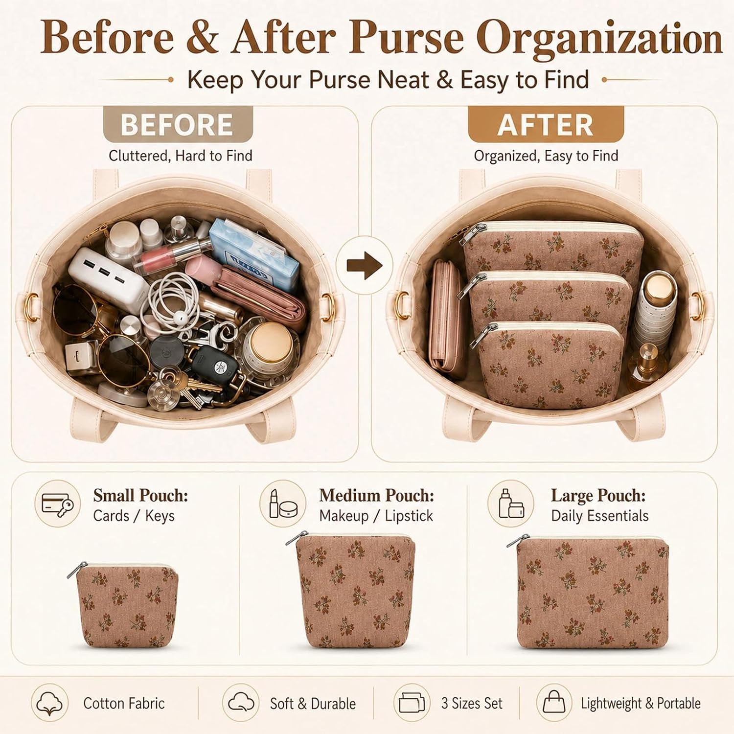 Small Bags for Purse Set of 3, Cute Cotton Floral Purse Organizer Bags, Small Makeup Bag Pouches with Inside Pocket, Cosmetic Pouch Set for Travel & Daily Essentials