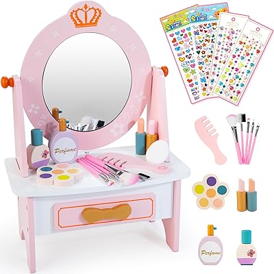 Wooden Vanity Set for Kids, Pretend Play Toddler Makeup Vanity Table Toys with 360Â° Rotatable Mirror, Beauty Salon Set Includes Makeup Accessories & Bonus Stickers, Little Girls Gift Age 3+