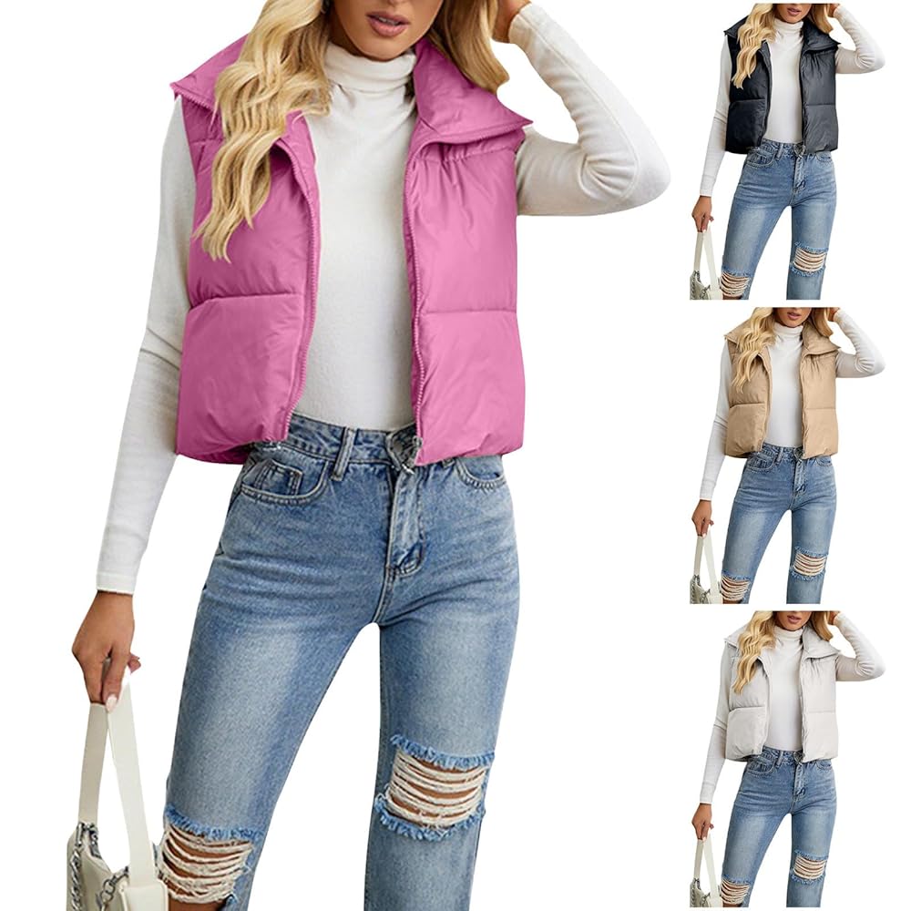Womens Cropped Puffer Vest Stand Collar Zip Up Cropped